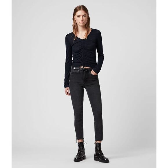 ALLSAINTS Rina Glitz Ruched Long Sleeve Sparkle Top, Navy Blue - Picture 4 of 13